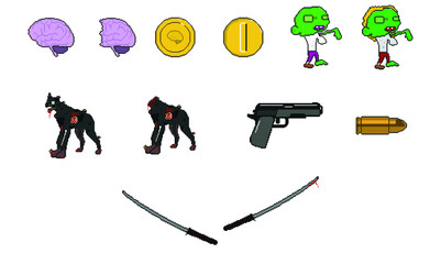 Videojuego zombies vectores de objetos y personajes para videojuego u otros. Pixels de items y personajes.