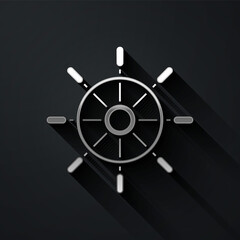 Obraz premium Silver Ship steering wheel icon isolated on black background. Long shadow style. Vector.