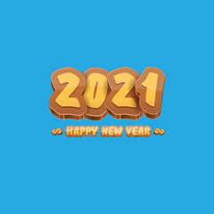 Cartoon 2021 Happy new year label or greeting card with colorful numbers and greeting text. Happy new year label or icon isolated on blue background