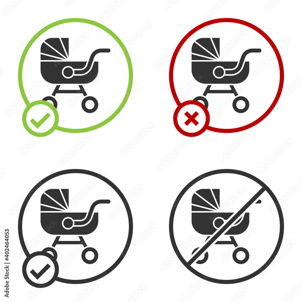 Wall mural Black Baby stroller icon isolated on white background. Baby carriage, buggy, pram, stroller, wheel. Circle button. Vector.