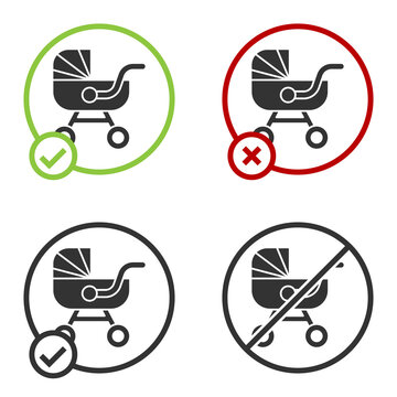 Black Baby stroller icon isolated on white background. Baby carriage, buggy, pram, stroller, wheel. Circle button. Vector.