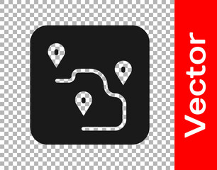 Black Route location icon isolated on transparent background. Map pointer sign. Concept of path or road. GPS navigator. Vector.