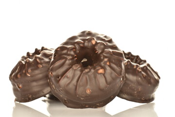 Delicious chocolate marshmallow, close-up, isolated on white.