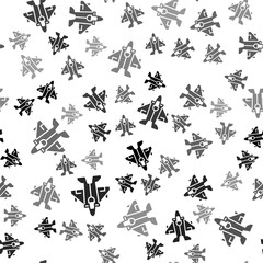 Black Jet fighter icon isolated seamless pattern on white background. Military aircraft. Vector.