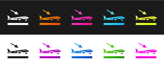Set Plane landing icon isolated on black and white background. Airplane transport symbol. Vector.