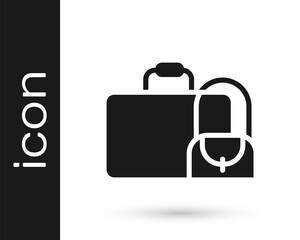 Black Suitcase for travel icon isolated on white background. Traveling baggage sign. Travel luggage icon. Vector.