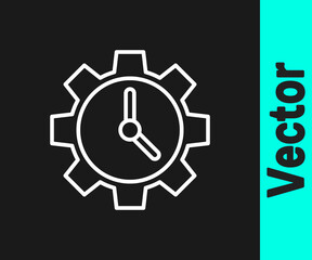White line Time Management icon isolated on black background. Clock and gear sign. Productivity symbol. Vector Illustration.