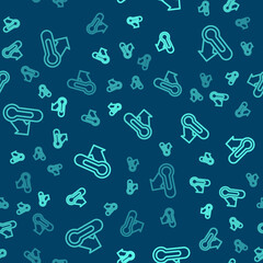 Green line Meteorology thermometer measuring icon isolated seamless pattern on blue background. Thermometer equipment showing hot or cold weather. Vector.