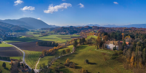 Dravinja valley with Statenberg castle and mountain Boc, Slovenia © tynrud