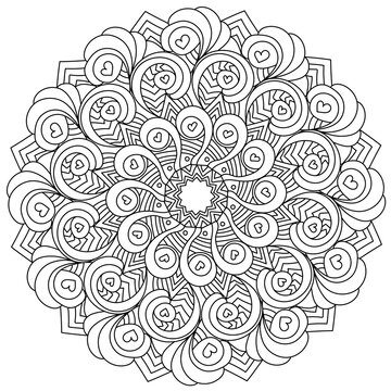 Curls and hearts in contour mandala, anti stress coloring page with zen patterns