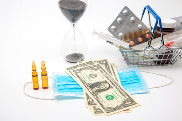 pills, ampoules and syringe for injection, medical mask, money and hourglass on a white background. business and medicine.