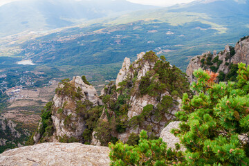 View on a green valley with mountain background