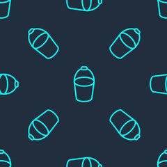 Green line Fire bucket icon isolated seamless pattern on blue background. Metal bucket empty or with water for fire fighting. Vector.