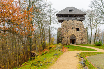 Fototapeta na wymiar Sightseeing of Latvia. Ancient castle in Sigulda Town, a popular tourist attraction