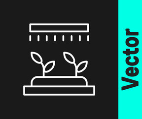 White line Automatic irrigation sprinklers icon isolated on black background. Watering equipment. Garden element. Spray gun icon. Vector.