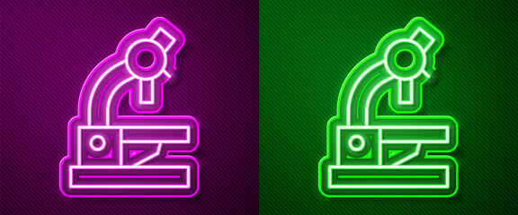 Glowing neon line Microscope icon isolated on purple and green background. Chemistry, pharmaceutical instrument, microbiology magnifying tool. Vector.