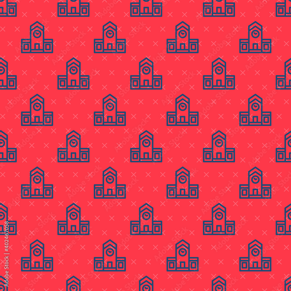Poster blue line railway station icon isolated seamless pattern on red background. vector.