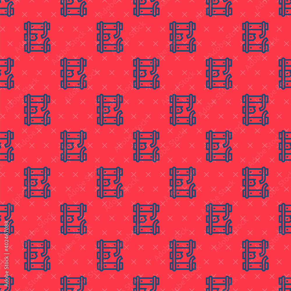 Poster blue line broken or cracked rails on a railway icon isolated seamless pattern on red background. vec