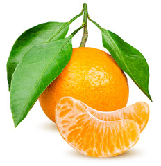 Isolated tangerines. One whole tangerine fruit with leaves and peeled citrus segments isolated on white background with clipping path 