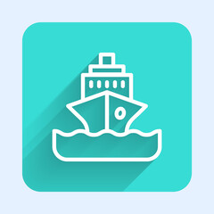 Fototapeta na wymiar White line Cruise ship icon isolated with long shadow. Travel tourism nautical transport. Voyage passenger ship, cruise liner. Worldwide cruise. Green square button. Vector.