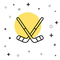 Black line Ice hockey sticks icon isolated on white background. Random dynamic shapes. Vector.