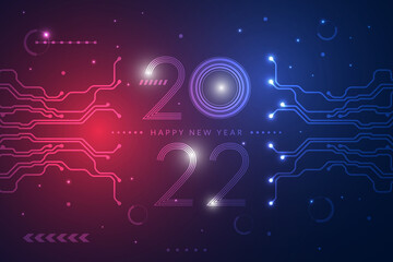 2022. Happy new year 2022 text design with circuit board technology background. Vector illustration