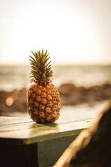 PIÑA  EN UNA MESA EN PLAYA CON EL MAR DE FONDO  Y UN TRONCO DE PALMERA EN LA MITAD
