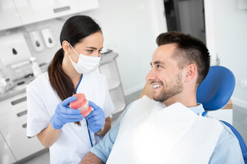 Female dentist with jaw samples tooth model