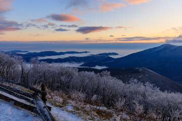 Fototapeta na wymiar Devil's Knob Overlook - Blue Ridge Mountains with low-level clouds, ice covered trees, pink clouds and split rail fence at sunset