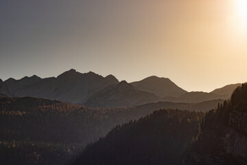 Julian Alps in Slovenia at sunset, view to mountains