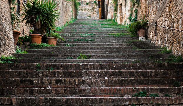 An ancient staircase in the center of San Gimignano in Tuscany.