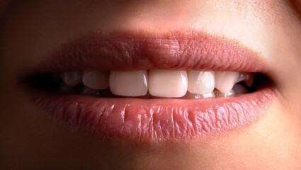 Fototapeta premium Perfect Close Up Sensual sexy Seductive Plump Lips woman smile . White beautiful Teeth bleaching ceramic crowns whitening young lady smiling. Dental zircon implants restoration surgery Fashion concept