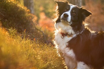 the brown border collie at the sunrise