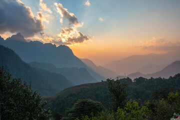 Sunset over the mountains of Hoang Lien National Park in northern Vietnam near Lai Chau