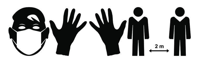 Obraz premium Icons of quarantine rules of COVID-19 - medical mask, gloves and social distance