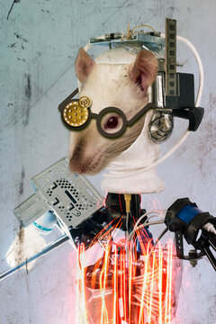 Collage Cyborg Lab Rat 3D Illustration