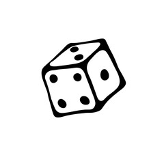 Cartoon outline cube by black outline for table game in doodle style. Drawn dice isolated on white background. Perfect for decor of kids playroom, textiles, packaging. Stay home for hobby time.