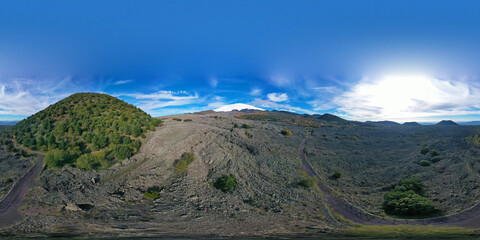 360 degree virtual reality panoramic view of the Etna volcano with its lava flows and its secondary craters.