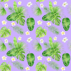 Fototapeta na wymiar Watercolor illustration seamless pattern of tropical leaves and Plumeria flowers. Perfect as background texture, wrapping paper, textile or wallpaper design. Hand drawn