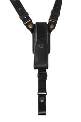 Pistol black leather holster with shoulder straps isolate on white back. Weapon accessory. Part of the uniform of the police or guarding.