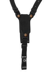 Naklejka premium Pistol black leather holster with shoulder straps isolate on white back. Weapon accessory. Part of the uniform of the police or guarding.
