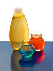 multicolor soaps,washing gloves and cosmetics in bathroom