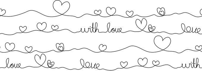 One line hearts and lettering text, love. Single line drawing. Minimalism design. Seamless pattern © ilsuu