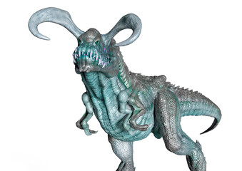 alien dinosaurs is doing a master pose in white background