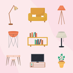set of interior decor icons on a pink background