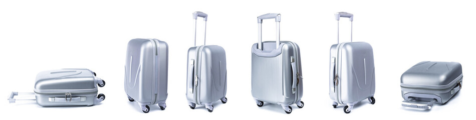 Suitcase isolated on white. Set of silver travel baggage bag or plastic luggage on white background. Summer vacation and product advertisement concept.