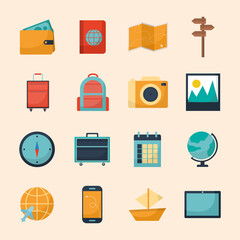 set of travel icons on a pink background