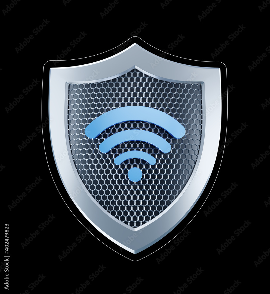 Poster wi-fi security. metallic shield with the wi-fi sign in center of it are isolated on black background