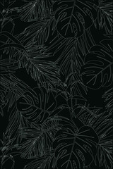 White lines pattern of tropical leaves pattern style on black background, flat line vector and illustration.