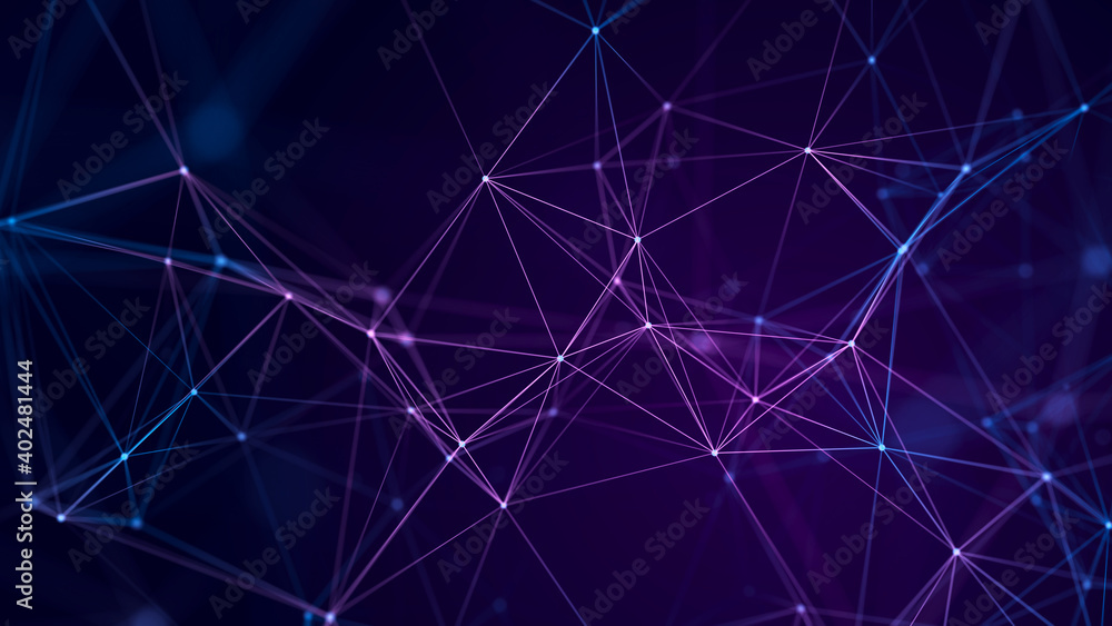 Fototapete Abstract background with interweaving of colored lines and dots. Network connection structure. Data exchange. 3D